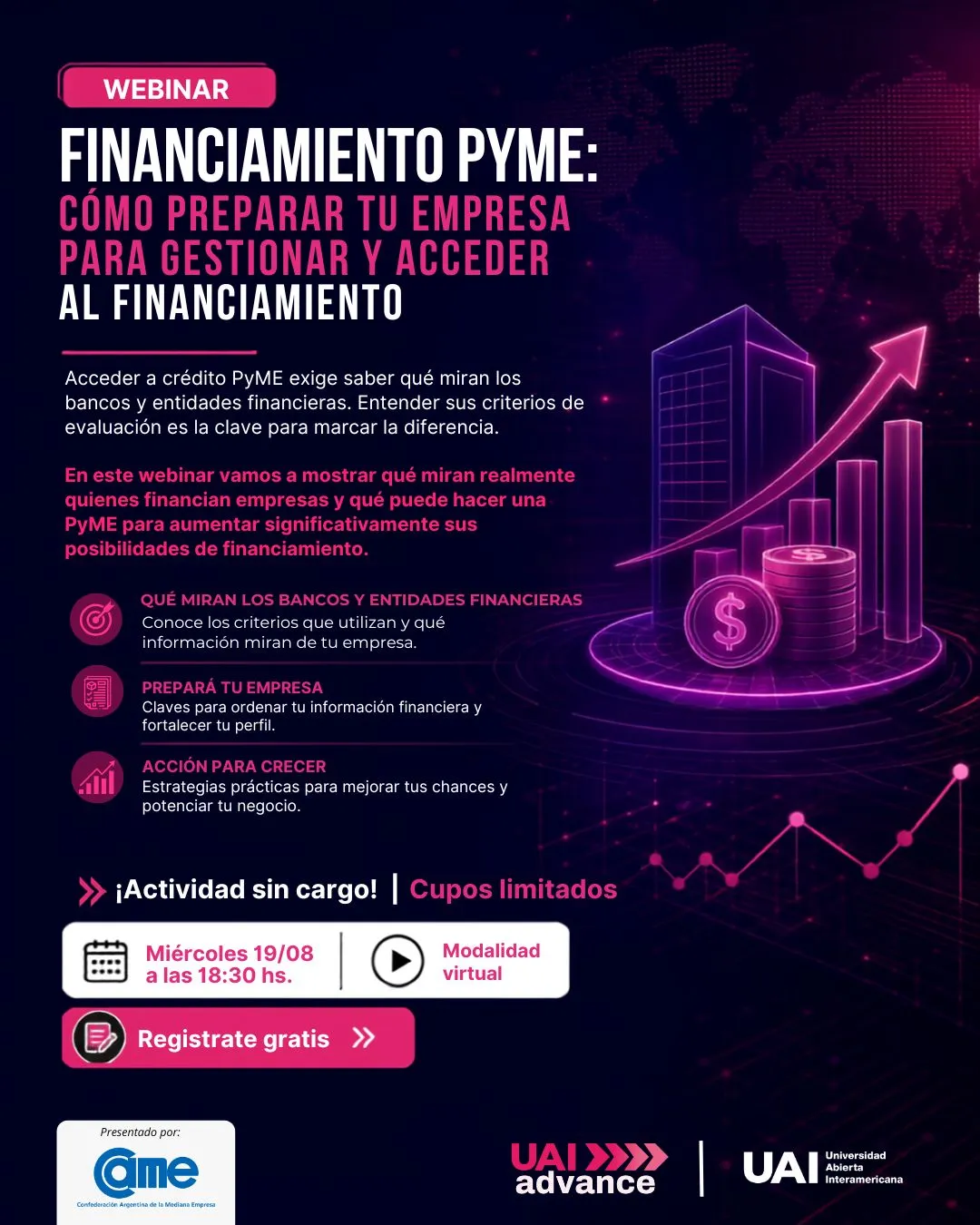 CAME y UAI invitan a un Webinar para ayudar a las pymes a prepararse para acceder al financiamiento